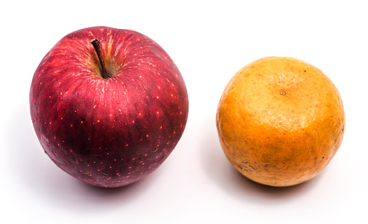 Comparing apple and orange concept on clear white background