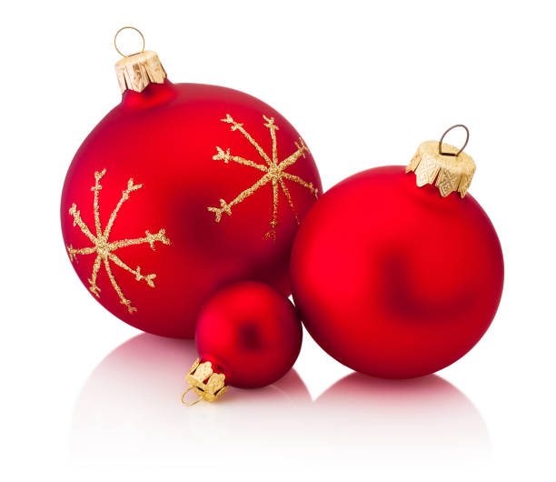 istock Three Christmas decoration red baubles isolated on white background 1440475054