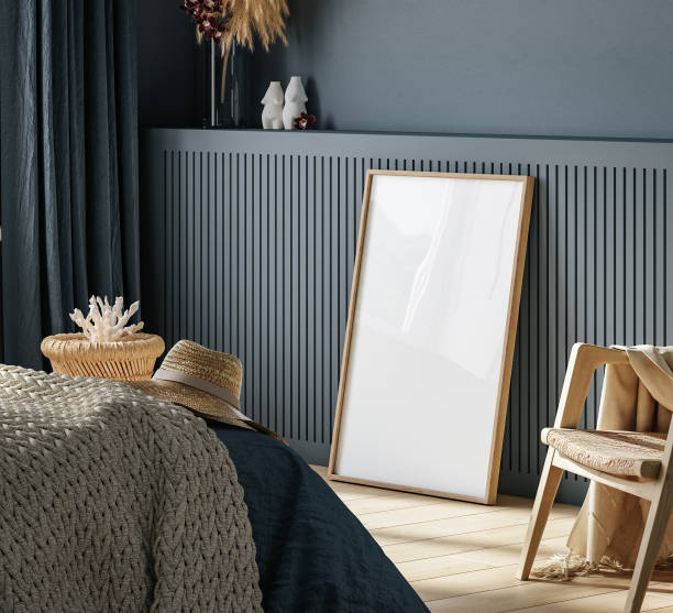 istock Frame mockup in cozy dark blue bedroom interior 1440475319