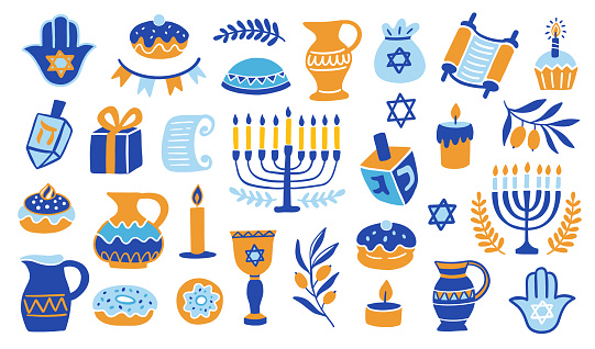 Happy Hanukkah doodle icons elements set. Hand drawn Jewish holiday object signs collection. Cartoon Menorah, Torah scroll, Dreidel, David Star, Hamsa symbols. Vector illustration isolated on white
