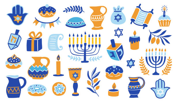 Happy Hanukkah doodle icons elements set Happy Hanukkah doodle icons elements set. Hand drawn Jewish holiday object signs collection. Cartoon Menorah, Torah scroll, Dreidel, David Star, Hamsa symbols. Vector illustration isolated on white hannukkah stock illustrations