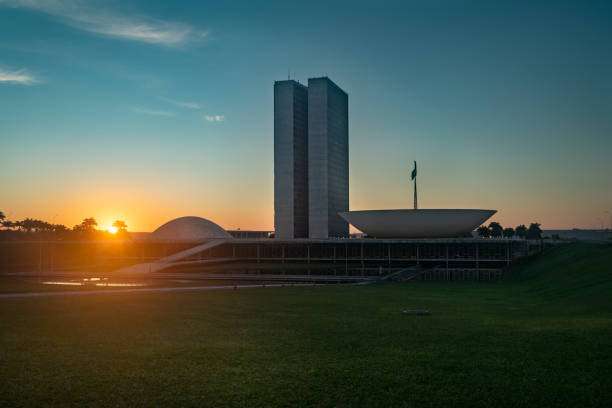 Sunrise at Brazilian National Congress, Brasilia, Brazil stock photo