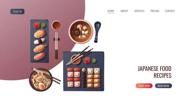 Vector illustration of Web page design with Sushi, Miso soup, ramen. Japanese food