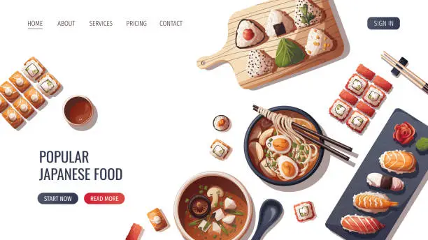 Vector illustration of Web page design with Sushi, Miso soup, ramen, onigiri. Japanese food