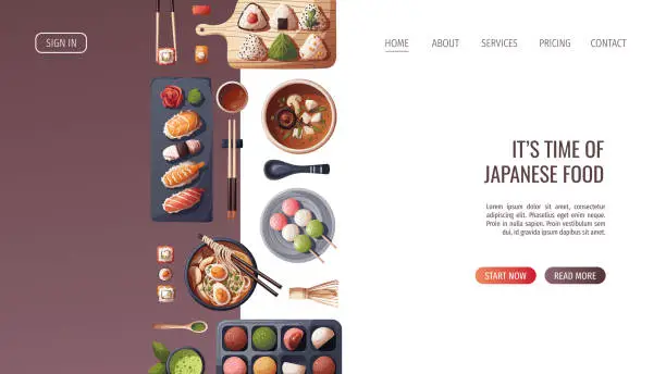 Vector illustration of Web page design with Sushi, Miso soup, ramen, onigiri, dango, mochi, matcha tea. Japanese food