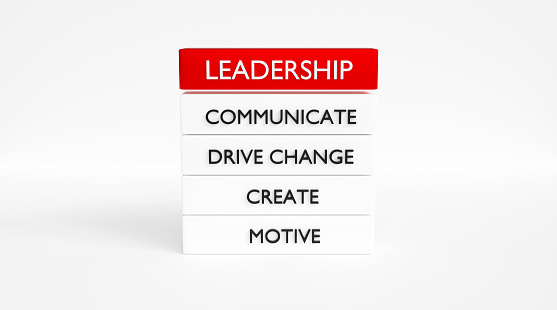 Leadership concepts, leadership and related words on the white and red blocks
