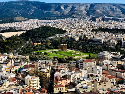 View of Athens, old famous ruins, Unesco World heritage site Temple of Olympian Zeus