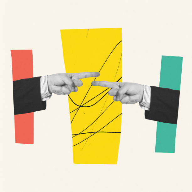 istock Contemporary art collage. Creative design. Two male hands pointing at each other symbolizing professional competition. Arguing 1440485534