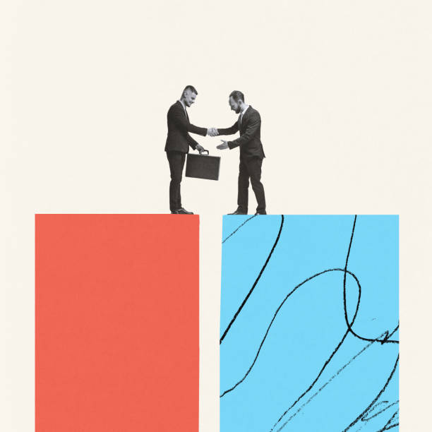 istock Contemporary art collage. Creative design. Two businessmen shaking hands and exchanging briefcase symbolizing successful deal 1440485550