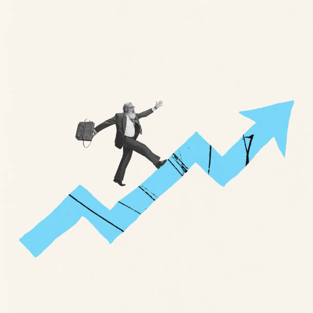 istock Contemporary art collage. Creative design. Senior businessman running forward on arrow symbolizing professional growth 1440485595