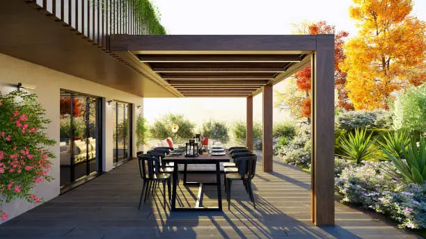 3d illustration of a set table on the outdoor private garden patio. Teak wood bioclimate pergola on wooden deck surrounded by a flower garden.