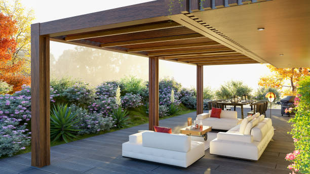 istock 3d render of teak wood garden pergola on private deck 1440488096