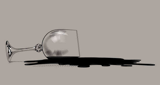 Inverted transparent wine glass and stain of spilled wine Inverted transparent wine glass and stain of spilled wine. Black and white drawing in vintage engraving style. Vector illustration wine glass knocked over stock illustrations