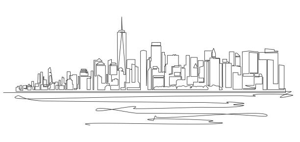 ilustraciones, imágenes clip art, dibujos animados e iconos de stock de dibujo de una sola línea del horizonte de la ciudad de nueva york - new york city