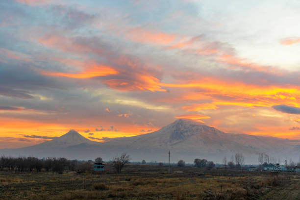 istock Mount Ararat. Beautiful sunset.Mountains in the clouds orange clouds, 1440491524