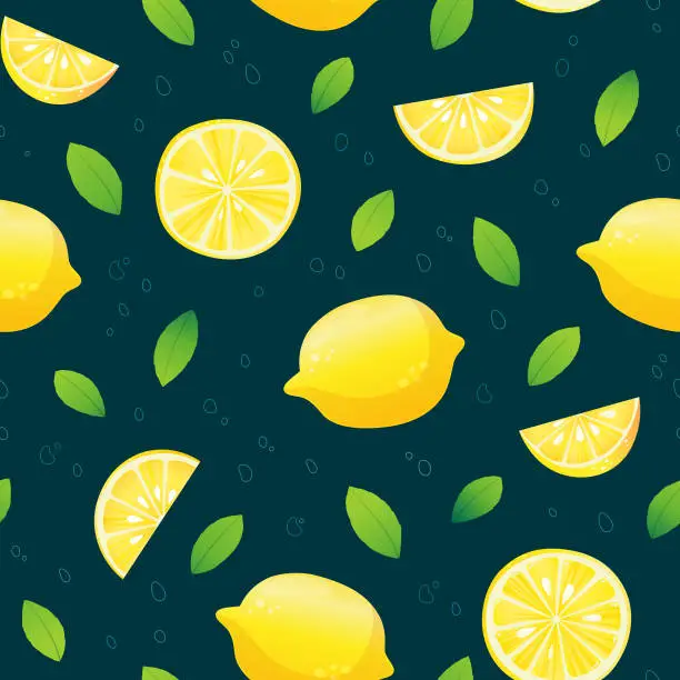 Vector illustration of Seamless pattern with lemons. Whole lemons, lemon wedges and sliced ​​pieces.