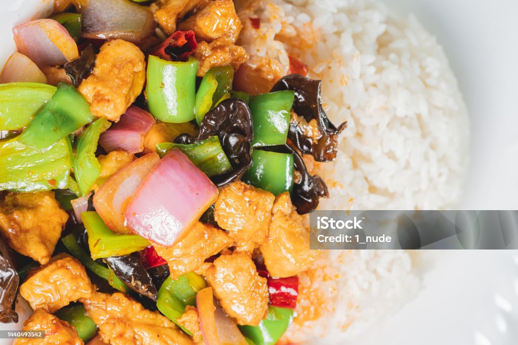 Chinese Food Kung Pao Chicken On Wood Board Chinese Food On Wood Board In Studio Crockery Stock Photo