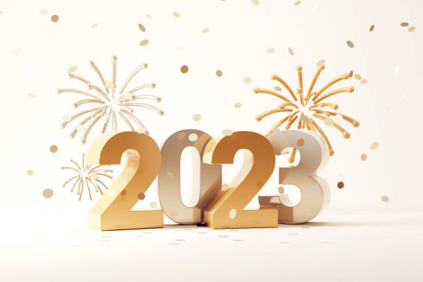 Gold color 2023 3d text New Year with fireworks and falling shiny confetti on yellow background. stock photo