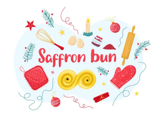 Vector illustration of Christmas composition of ingredients for baking Traditional Swedish saffron buns