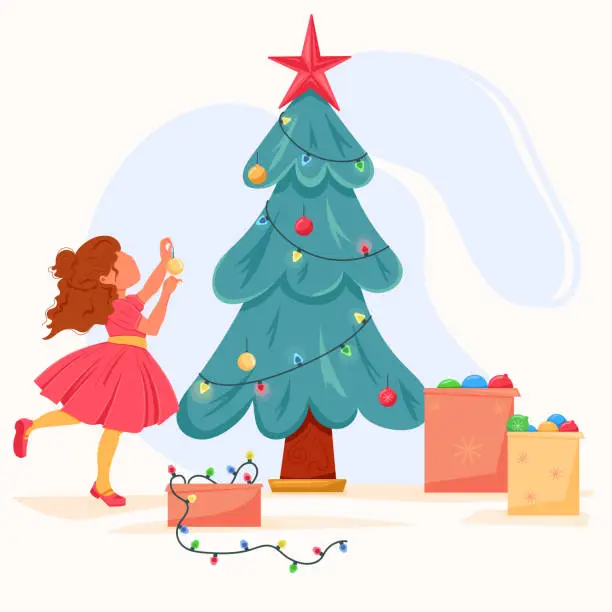 Vector illustration of Cute little girls decorating Christmas tree