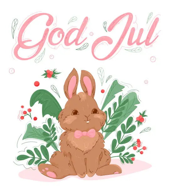 Vector illustration of God Jul greeting card with cute cartoon character rabbit