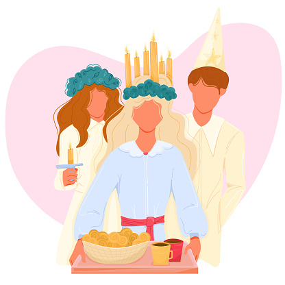 Girl wearing candle crown holds tray with saffron buns and hot drinks served to celebrate Saint Lucia Sweden Traditional celebration. Vector illustration of traditional looks for Day of Saint Lucy