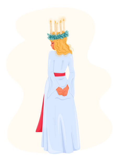 illustrazioni stock, clip art, cartoni animati e icone di tendenza di santa lucia con corona di candela nella tradizione svedese - giorno di santa lucia