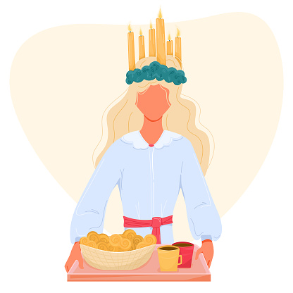 Girl wearing candle crown white dress with red ribbon holds tray with saffron buns. Vector illustration of traditional Sweden celebration Saint Lucy