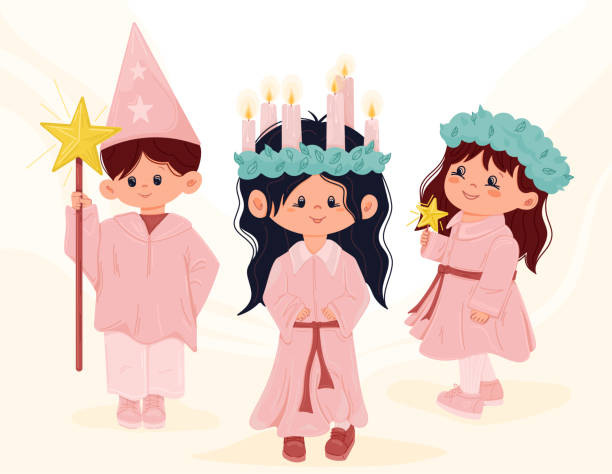 illustrazioni stock, clip art, cartoni animati e icone di tendenza di festa di santa lucia. processione tradizionale dei bambini - giorno di santa lucia