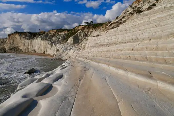 Photo of Scala dei Turchi, natural white limestone stairs. Popular tourist attraction close to Agrigento, Sicily, Italy.