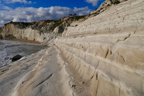 Photo of Scala dei Turchi, natural white limestone stairs. Popular tourist attraction close to Agrigento, Sicily, Italy.
