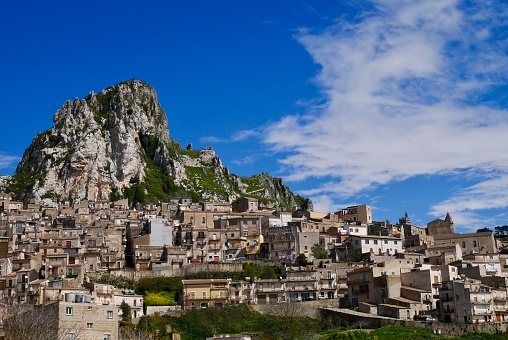 Panoramic view of mountain town Caltabellotta, Sicily, Italy.