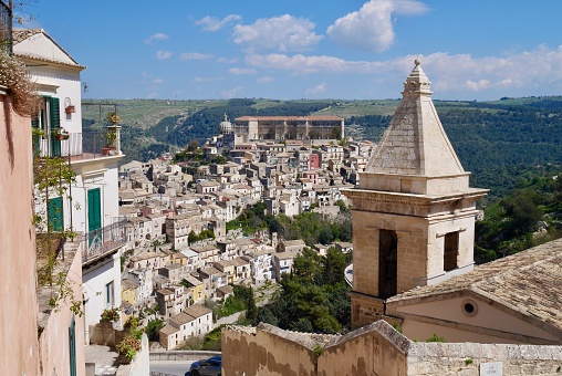 Panoramic view of old townhouses in Baroque city Ragusa, UNESCO World Heritage Site. Sicily, Italy.