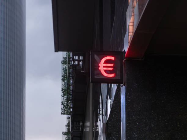 symbol of euro, currency of european union on outdoor electric screen. currency exchange office or bank branch in downtown. - european union euro note currency forex european union currency imagens e fotografias de stock