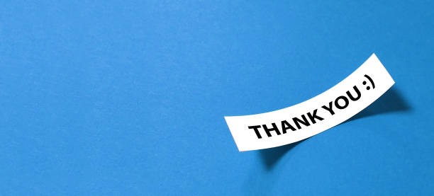 Thank you message on curled paper on blue background stock photo