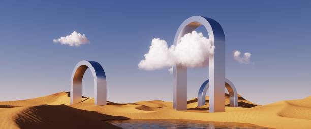 istock 3d rendering, abstract fantastic background. Surreal desert landscape with sand dunes, water and glossy chrome metallic balls under the clear blue sky 1440505366