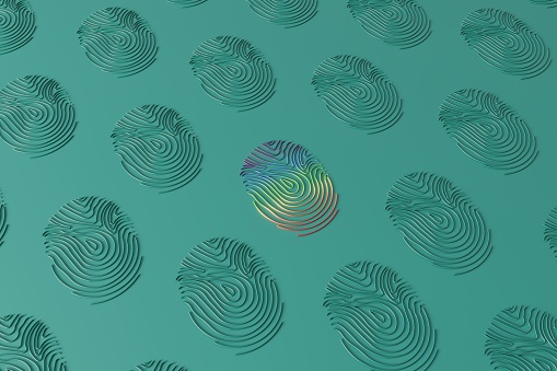 Multi colored 3d fingerprint pattern between the monotype fingerprints on teal colored background. (3drender)