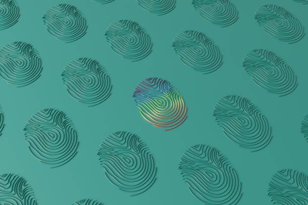 Multi colored fingerprint Multi colored 3d fingerprint pattern between the monotype fingerprints on teal colored background. (3drender) synthetic identity theft stock pictures, royalty-free photos & images