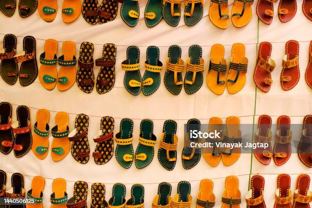 Colorful Handmade Chappals Being Sold In An Indian Market Handmade Leather Slippers Traditional Footwear Stock Photo - Download Image Now