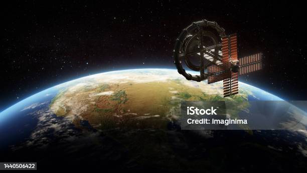 Scifi Space Station In The Earths Orbit Stock Photo - Download Image Now - Satellite View, Satellite, Satellite Dish