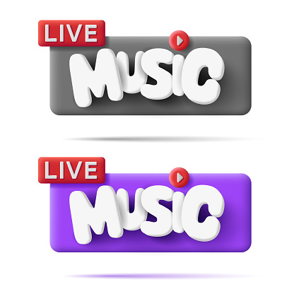 Live music 3d lettering label, rounded render volume letters with red player icon