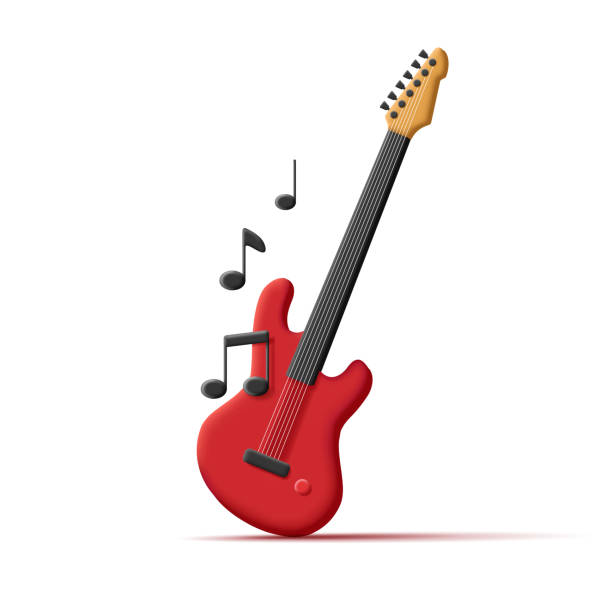 Bass Guitar. Musical instrument 3d render red shape with black volume notes Bass Guitar. Musical instrument 3d render red shape with black volume notes, isolated illustration notes on guitar neck stock illustrations
