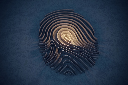 Maze shaped of fingerprint, illuminated in the middle of the maze. (3d render)