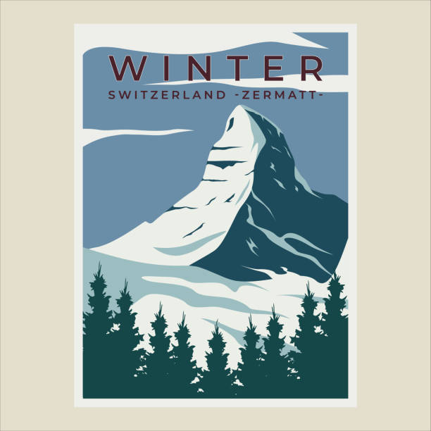 체르마트 스위스 빈티지 포스터 벡터 일러스트레이션 템플릿 그래픽 디자인. 스위스 알프스 겨울 눈 배너 여행 또는 관광 사업 - zermatt stock illustrations