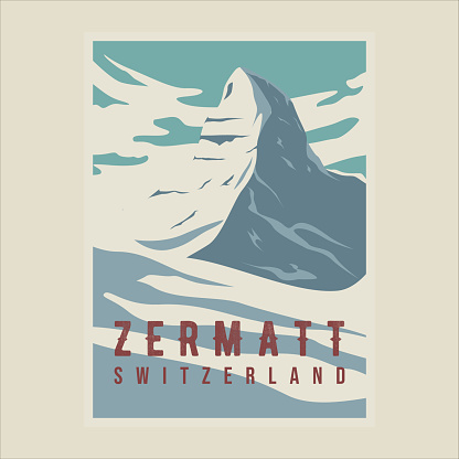 zermatt switzerland vintage poster vector illustration template graphic design. swiss alps winter snow banner for travel or tourism business