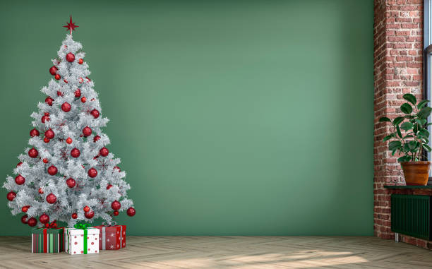 istock Empty unfurnished nostalgic retro living room with a light pastel green plaster wall and partly ruined brick wall and Christmas decoration 1440509952