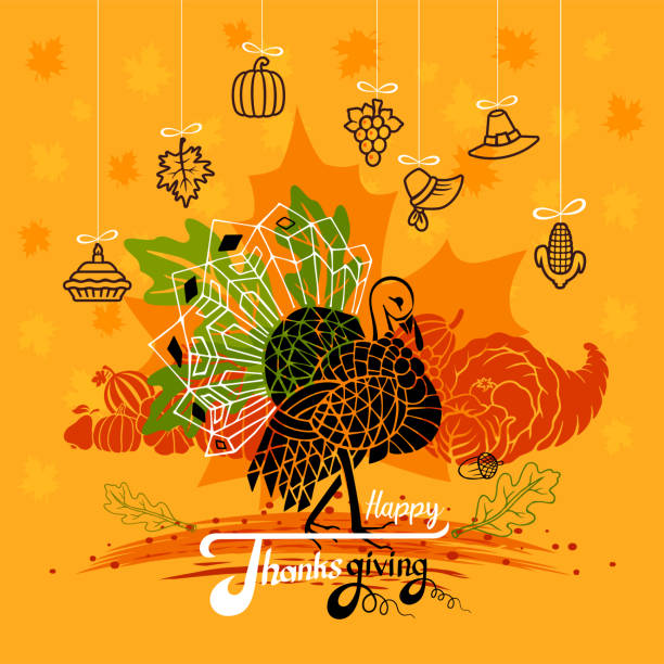 행복한 추수 감사절 축하 템플릿 - cornucopia november pumpkin leaf stock illustrations