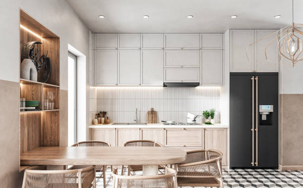 istock Modern kitchen and dining room on the retro tiled floor 1440511996