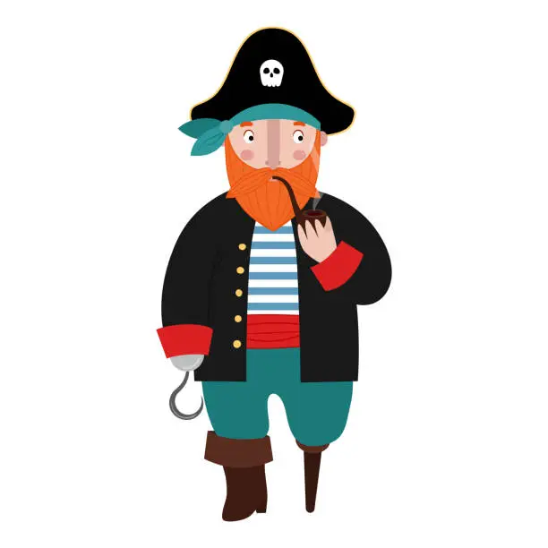 Vector illustration of Cute cartoon red-haired one-legged pirate in a pirate hat smokes a pipe. An old bearded sailor in a vest. Vector stock hand-drawn illustration isolated on a white background.