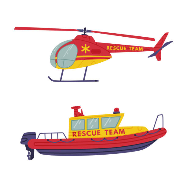 빨간색과 노란색 모터 보트와 헬리콥터는 구조 장비 및 긴급 인명 구조 벡터 세트를위한 긴급 차량으로 사용됩니다. - extremal stock illustrations
